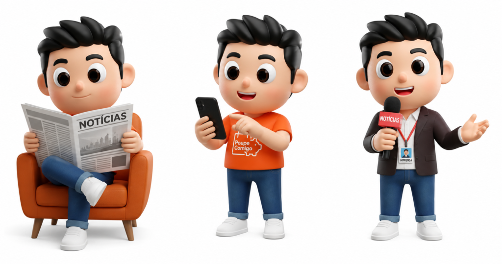 Imagem de três personagens olhando noticias no celular e no jornal e um jornalista dando uma noticia de promoçoes, dicas de compras inteligentes.